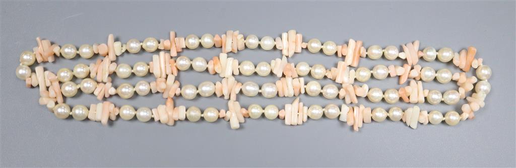 A single strand cultured pearl necklace, 127cm and a coral fragment and cultured pearl necklace, 80cm.